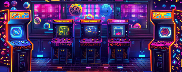 A 1980s arcade game theme with pixelated graphics and bright colors.