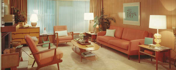 A 1950s living room scene with mid-century modern furniture and warm colors.