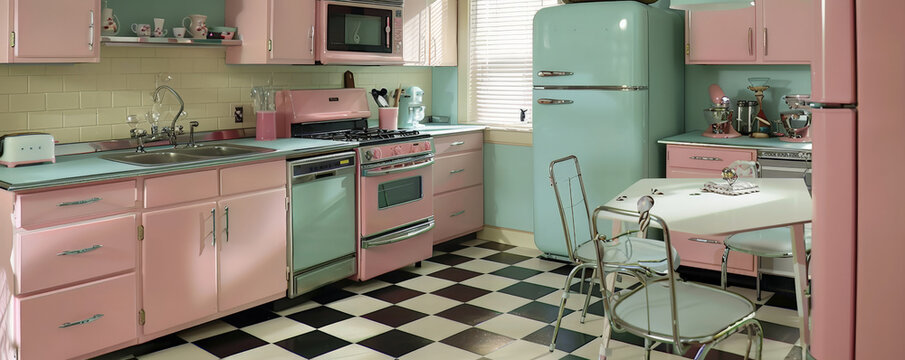 A 1950s kitchen with pastel appliances and checkered flooring.