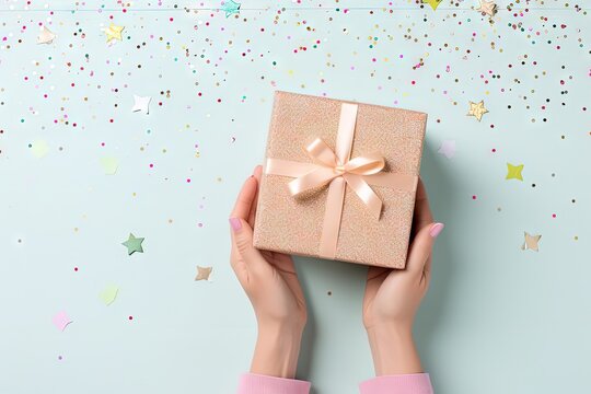 Person Holding Birthday Present with Card on Soft Blue Background