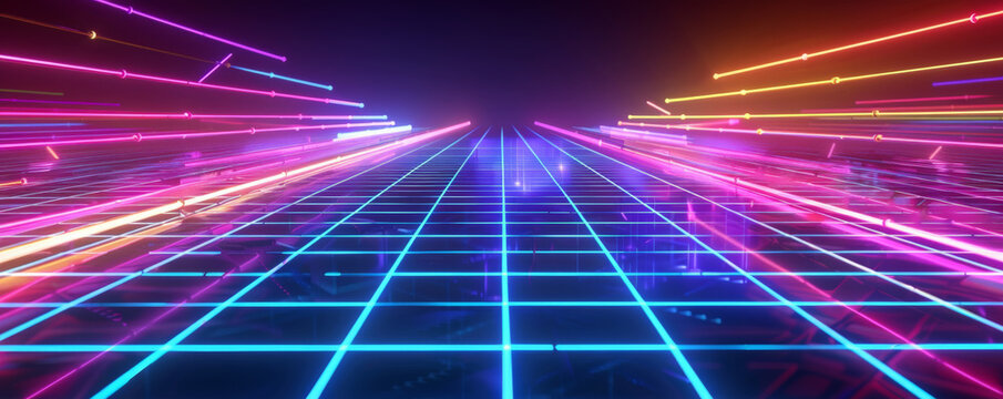 A 1980s neon grid background with vibrant, glowing colors.