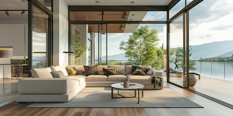 Fototapeta premium Design a Nordic waterfront villa utilizing large glass panels to connect the interior with scenic 