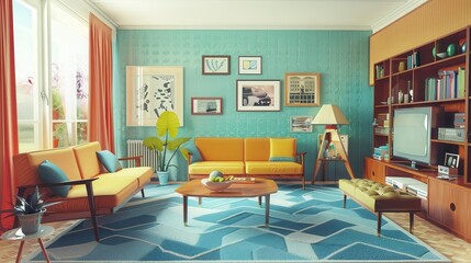 colorful retro living room with geometric shapes and vintage furniture interior design