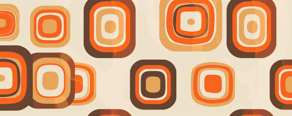 A 1970s-inspired background with orange and brown geometric patterns.