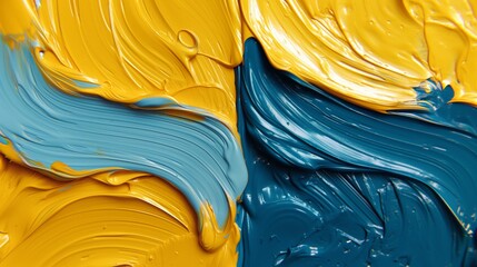 hick layers of blue and yellow paint sculpted with a palette knife create a tactile texture on canvas.