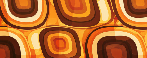 A 1970s-inspired background with orange and brown geometric patterns.