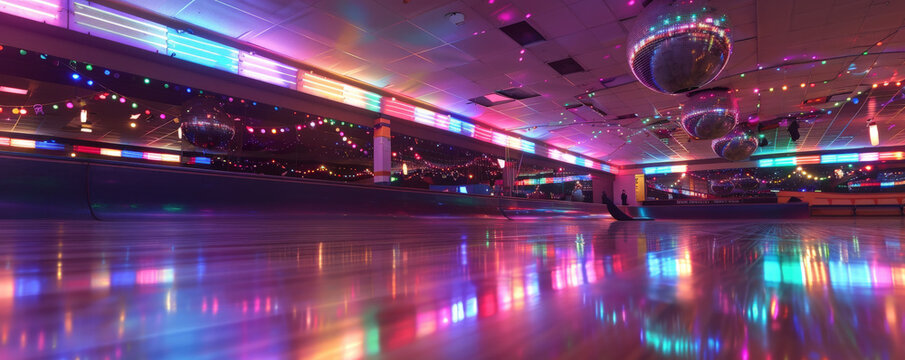 A 1980s roller rink with colorful lights and disco ball reflections.