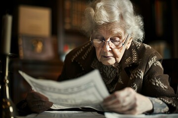 Senior woman with glasses focused on reading documents in a vintagestyled library setting
