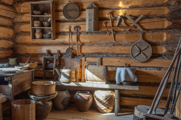 Kitchen utensils in an old wooden house. Antique tableware and household items on the wall of a wooden house. Life in the village in the last century. Wooden objects in the kitchen.