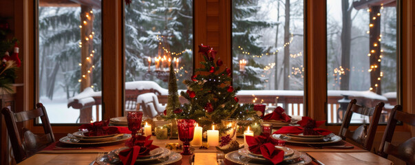 A cozy holiday dining room with festive table settings, warm lighting, and snow outside the window.