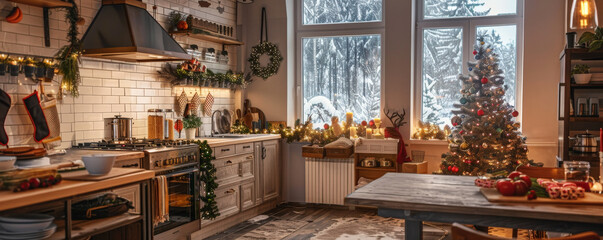 Naklejka premium A cozy holiday kitchen with festive decorations, warm lighting, and snow outside the window.