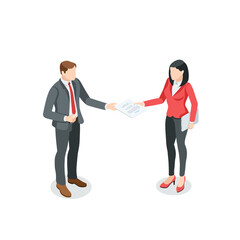 isometric vector business man and woman hand over a document for signature, in color on a white background, secretary and paperwork