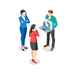 Obraz premium isometric vector business man showing diagrams on laptop screen to womans, in color on a white background, business communication or team working with statistical data