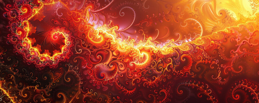 A fractal design with a fiery palette of reds and yellows, resembling a sunset.