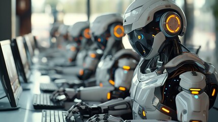 Fototapeta premium A line of sophisticated robots work on computers, demonstrating the scalability of AI in enhancing productivity.