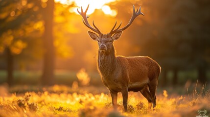 A majestic deer stands bathed in golden sunlight, with a vibrant backdrop of a forest at sunset.