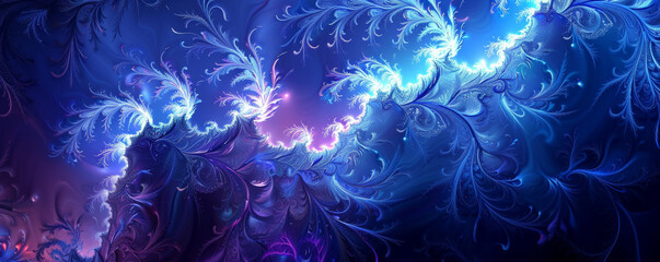 A fractal with a mystical, ethereal feel in blues and purples with glowing edges.