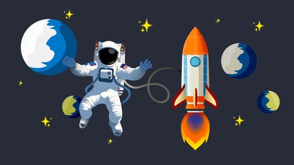 astronaut flying in space, spaceship rocket spacecraft, Space ship Rocket launch in the sky flying,Hand drawn astronaut in spacesuit fling in the space with space rocket behind, cosmonaut in space © Watthana Tirahimonch