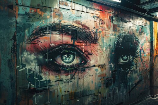 Striking graffiti art of two expressive eyes on an urban wall, showcasing vibrant colors and detailed street art techniques.