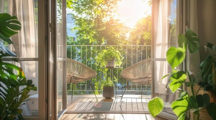 cozy balcony with two chairs and potted green plants stylish sunny relaxation area in the city