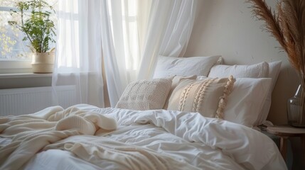 cozy bedroom interior with comfortable bed soft white pillows and bedding
