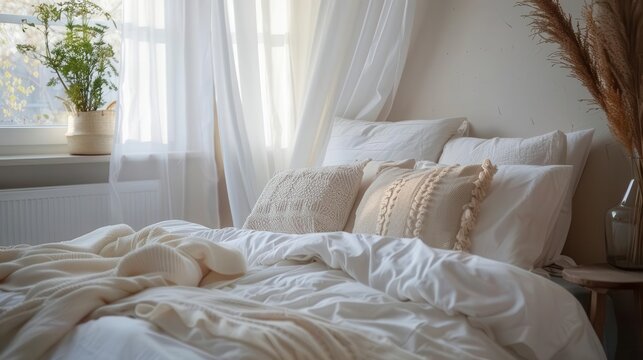 cozy bedroom interior with comfortable bed soft white pillows and bedding