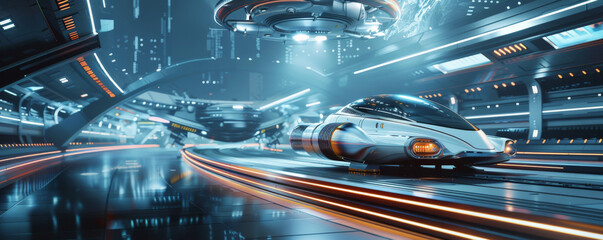 A futuristic spaceport with sleek spacecraft and digital navigation systems.