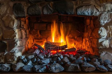 Warm and inviting, a roaring fire blazes within a rustic stone fireplace, casting a glowing ambiance
