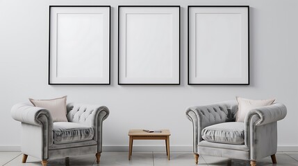 Three square frames on a white wall in a cozy living room with a light gray velvet armchair and a small wooden coffee table.