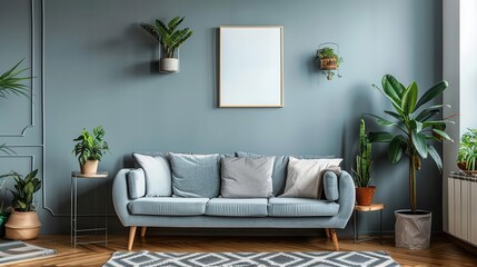 Fototapeta premium cozy living room interior stylish apartment with sofa and potted plants mockup poster frame