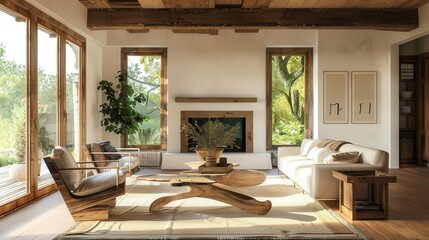 Fototapeta premium cozy mediterranean modern cottage living room interior with rustic coffee table sofa chairs and fireplace 3d render