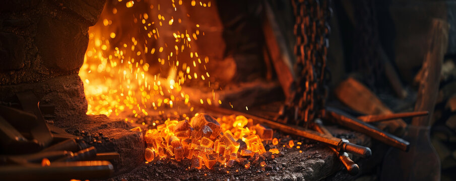 A medieval blacksmith's forge with glowing embers and iron tools.