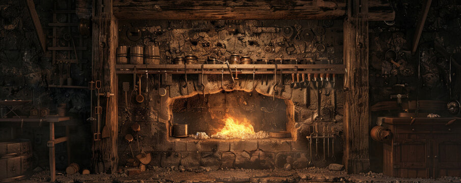 A medieval blacksmith's forge with glowing embers and iron tools.