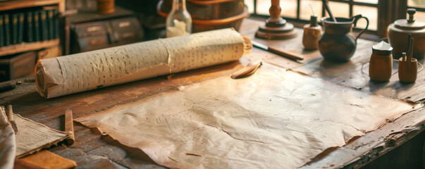 A medieval scribe's workshop with parchment and quills.
