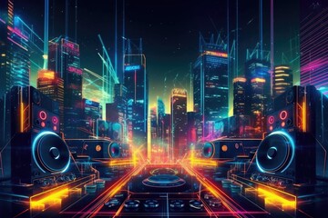 Futuristic Cityscape DJ Booth at Night