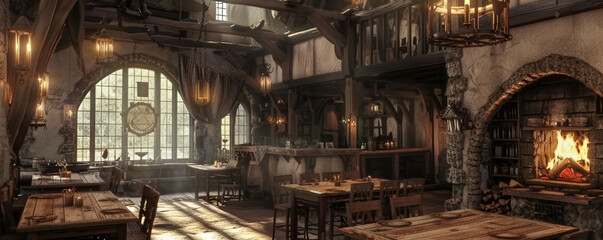 Fototapeta premium A medieval tavern with wooden tables and a roaring hearth.