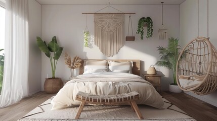 cozy modern scandinavian boho style bedroom interior bright 3d rendering