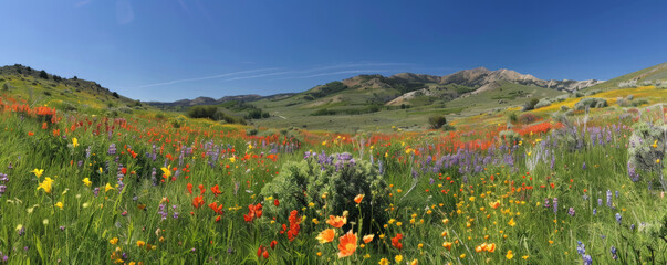 A mountain meadow in spring, filled with colorful wildflowers and a clear sky.