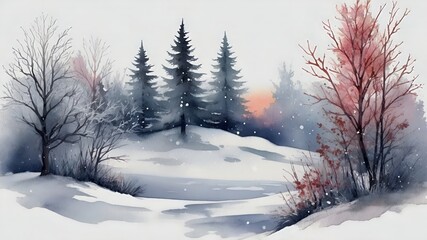 watercolor art of winter landscape with trees