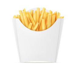 French fries. Fried french potatoes paper box. Snack fast food takeaway. Roasted potato chips sticks snack cardboard packing, mockup isolated. Realistic. PNG Illustration.