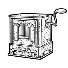 barrel street organ sketch engraving PNG illustration. T-shirt apparel print design. Scratch board imitation. Black and white hand drawn image.