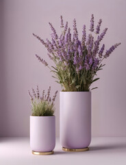 Two lavender bouquets in vases on monochromatic lavender background