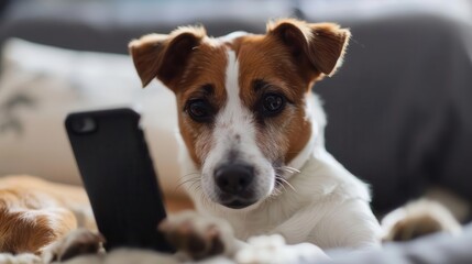 cute dog using smartphone for video call humorous ai generated animal portrait