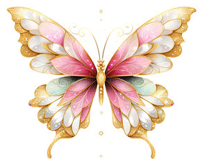 Gold glitter butterfly pastel color pink white golden luxury clipart transparent background,...