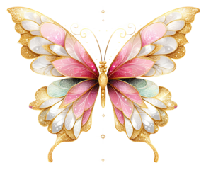 Gold glitter butterfly pastel color pink white golden luxury clipart transparent background, brightly colored wings