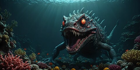 wallpaper representing a hypocaliptic scene with a maginary sea monster, at the bottom of the ocean.