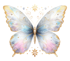 Gold butterfly watercolor pastel luxury clipart transparent background, brightly colored wings