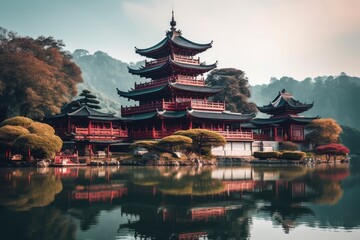 Naklejka premium Serene Japanese Temple with Reflective Lake