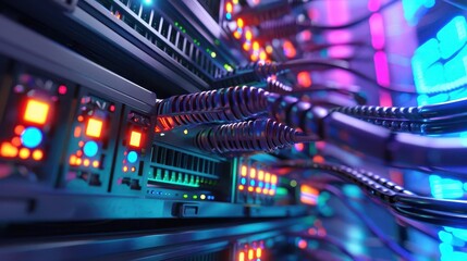 Naklejka premium data center server room with network switches and connected cables internet lan technology 3d illustration