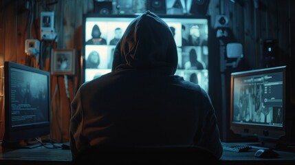 Obraz premium man on his back with a hoodie watching a screen or security cameras. spy or hacker concept